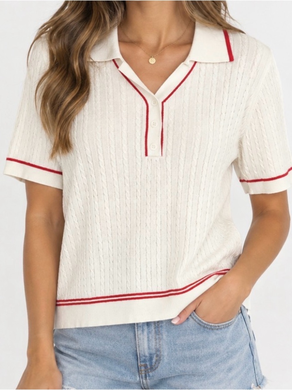Adrianna Papell Cable Knit Polo Sweater Cream Red M